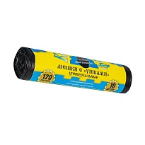 Мешки для мусора 120 л, с ушками, черные, в рулоне 10 шт., ПНД, 13 мкм, 1050х680 мм, Крепакоф, 4607075710436 в Первоуральске