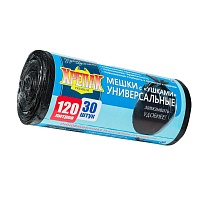 Мешки для мусора 120 л, с ушками, черные, в рулоне 30 шт., ПНД, 15 мкм, 1100х700 мм, Крепак, 4607075710375 в Первоуральске